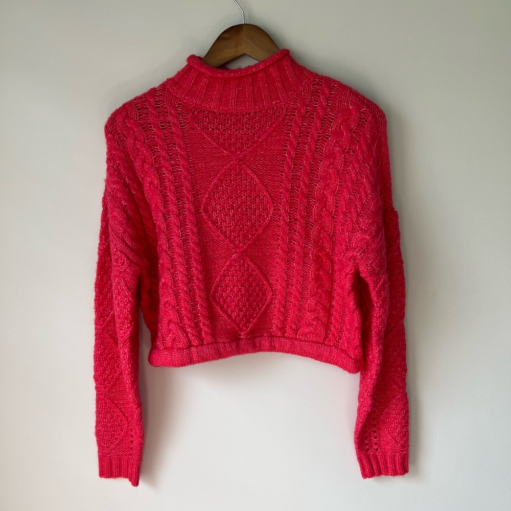 Sanctuary Cable Knit Cropped Sweater Sz S Neon Pink Mock Neck Stretch Sweater - Picture 2 of 13